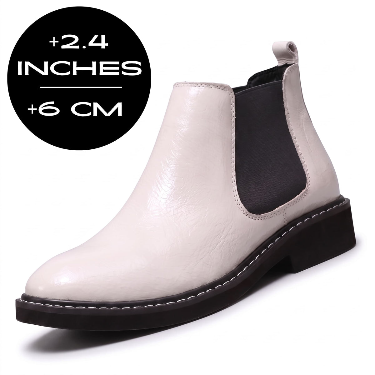 FORCIANO CROXTON white Elevator Boots featuring a smooth finish, black elastic side panel, and 2.4-inch / 6 cm height increase.