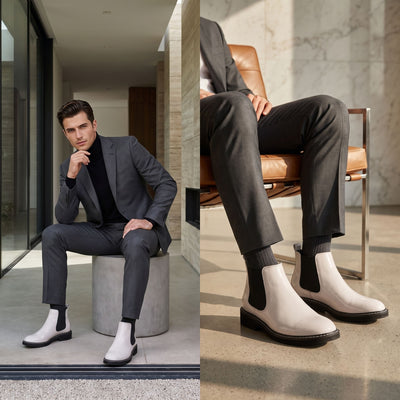 FORCIANO CROXTON Elevator Boots in white premium leather worn with a gray suit in a seated formal lifestyle scene