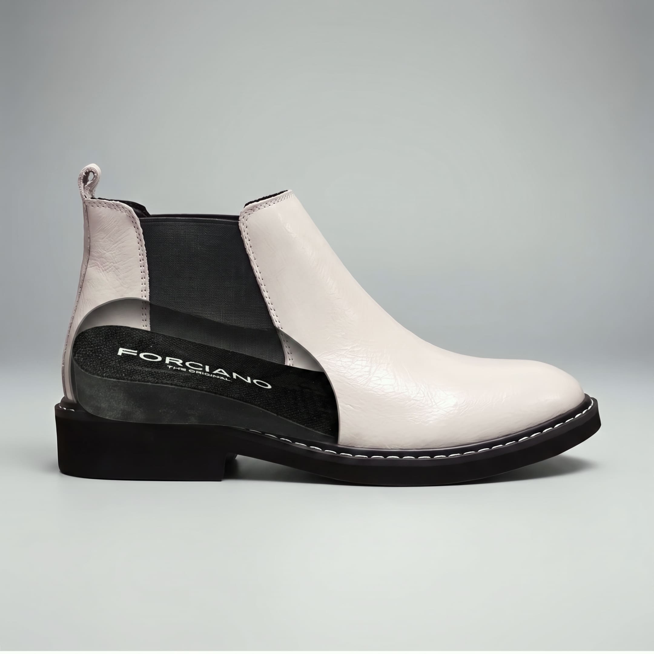 FORCIANO CROXTON white leather elevator boot side-profile cutaway showing the internal FORCIANO lift and up to 6 cm / 2.4" height increase.