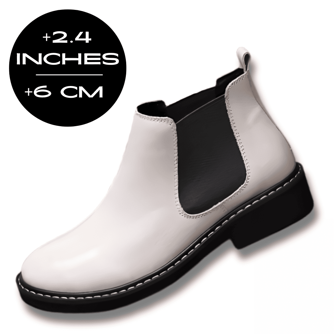 FORCIANO CROXTON white leather elevator boot shown from a front three-quarter angle with an up to 6 cm / 2.4" height graphic.