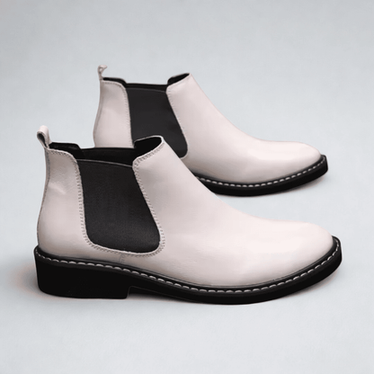 FORCIANO CROXTON white leather height increasing Chelsea boots shown as a pair in side-profile and three-quarter views.