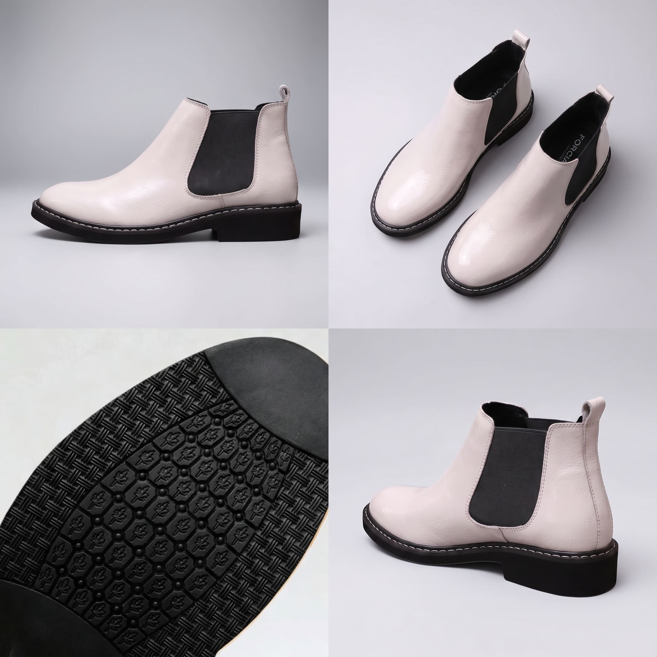 FORCIANO CROXTON white leather Chelsea boots in a four-panel multi-view showing side profile, pair, outsole tread and rear angle.