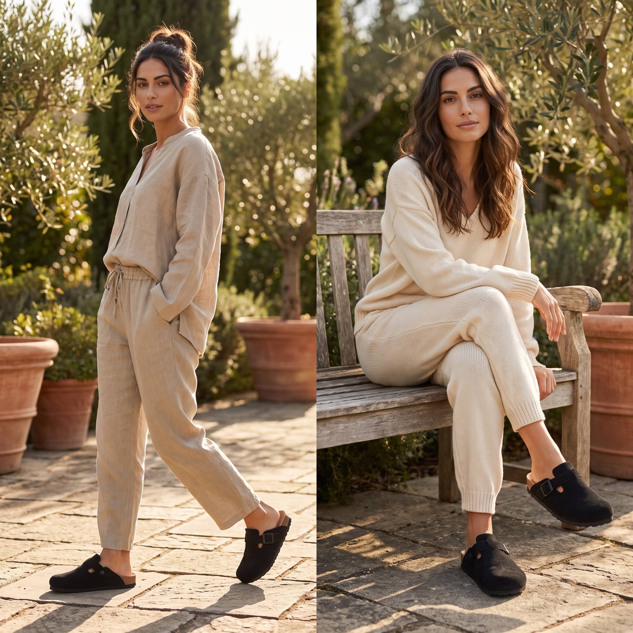 FORCIANO DAKOTA black height increasing slippers for women shown worn in two outdoor lifestyle views with premium suede uppers and buckle closures.