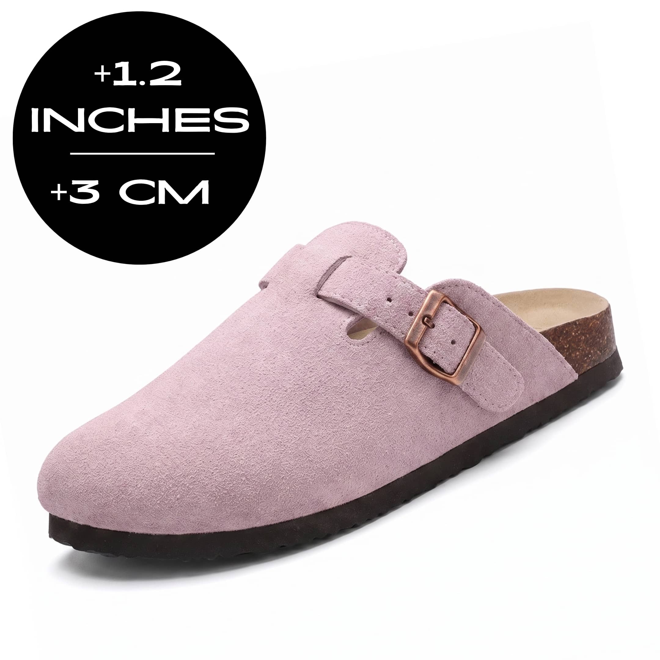 FORCIANO DAKOTA blush pink slippers for women with premium suede upper, buckle strap and visible 3 cm / 1.2" height increase graphic.
