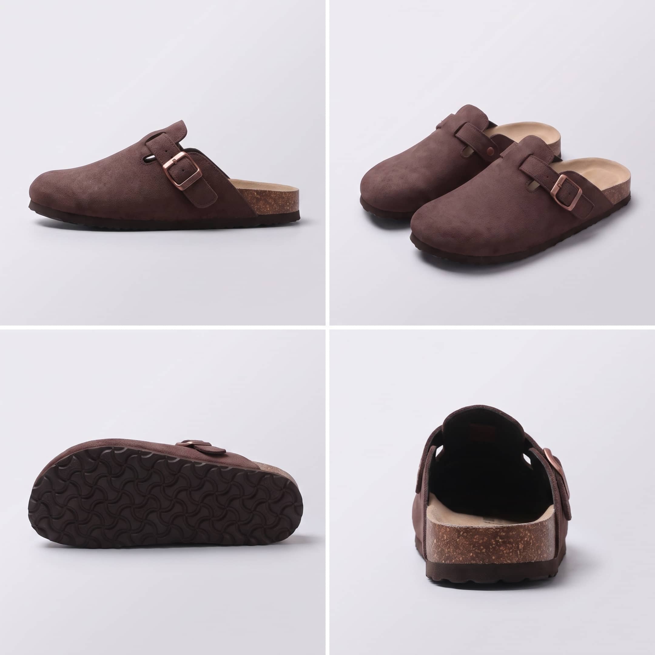 FORCIANO DAKOTA coffee brown height increasing slippers for women in a multi-view collage showing premium suede upper, buckle, pair view, outsole and rear profile.