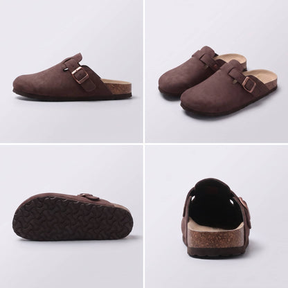 FORCIANO DAKOTA coffee brown height increasing slippers for women in a multi-view collage showing premium suede upper, buckle, pair view, outsole and rear profile.