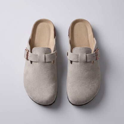 FORCIANO DAKOTA light gray height increasing slippers for women shown in a top-view pair image with premium suede uppers and buckle closures.