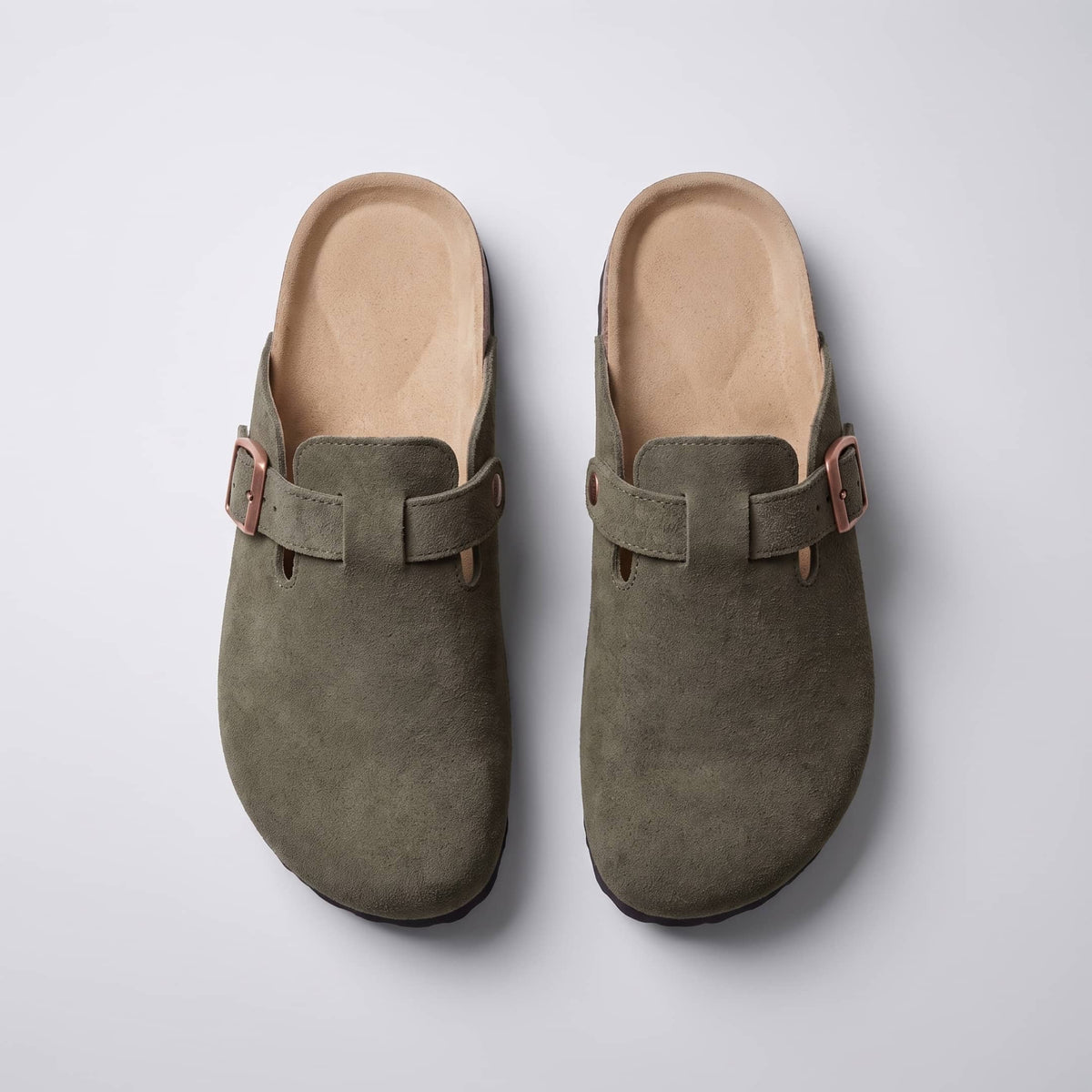 FORCIANO DAKOTA olive green slippers for women displayed from above, showing premium suede uppers, closed toes and side buckle straps.