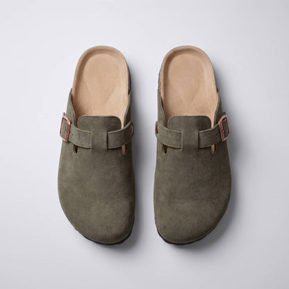 FORCIANO DAKOTA olive green slippers for women displayed from above, showing premium suede uppers, closed toes and side buckle straps.
