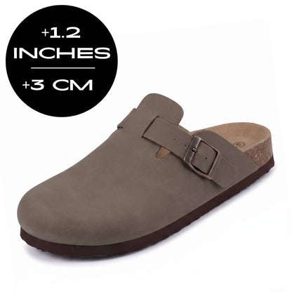 FORCIANO DAKOTA taupe brown height increasing slippers for women with premium suede upper, side buckle and visible 3 cm / 1.2" height graphic.