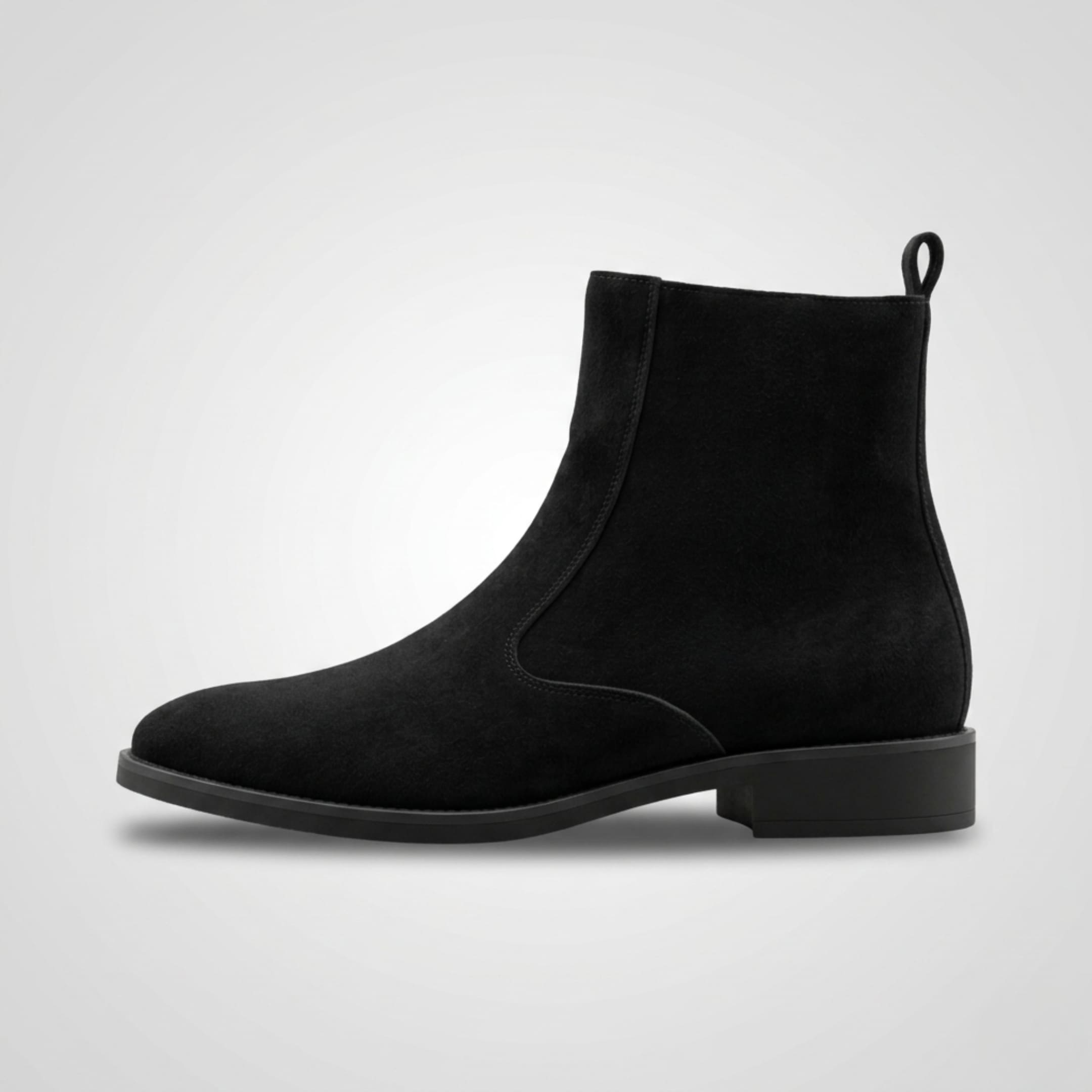 FORCIANO ECLIPSE black suede Chelsea boot shown in a clean full side-profile view with black heel and sole.