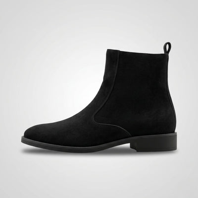 FORCIANO ECLIPSE black suede Chelsea boot shown in a clean full side-profile view with black heel and sole.