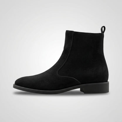 FORCIANO ECLIPSE black suede Chelsea boot shown in a clean full side-profile view with black heel and sole.
