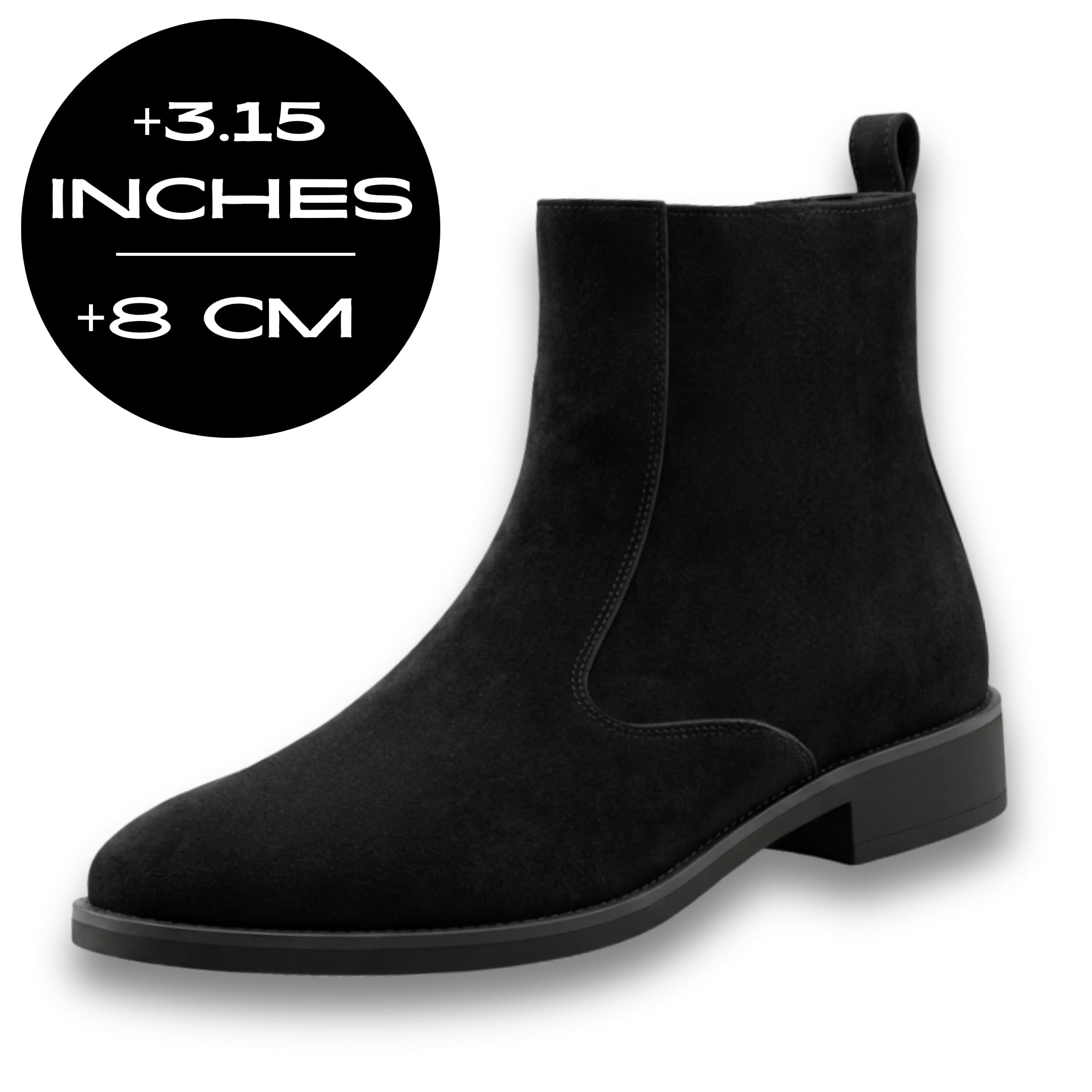 FORCIANO ECLIPSE black elevator Chelsea boot with suede upper and black sole, shown with 8 cm / 3.15 inches height increase.