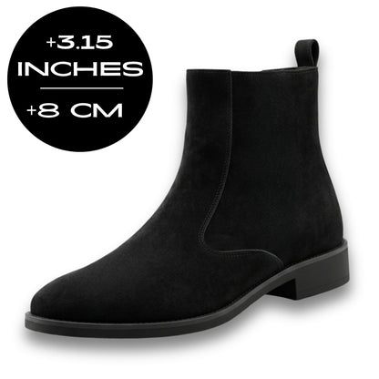 FORCIANO ECLIPSE black elevator Chelsea boot with suede upper and black sole, shown with 8 cm / 3.15 inches height increase.