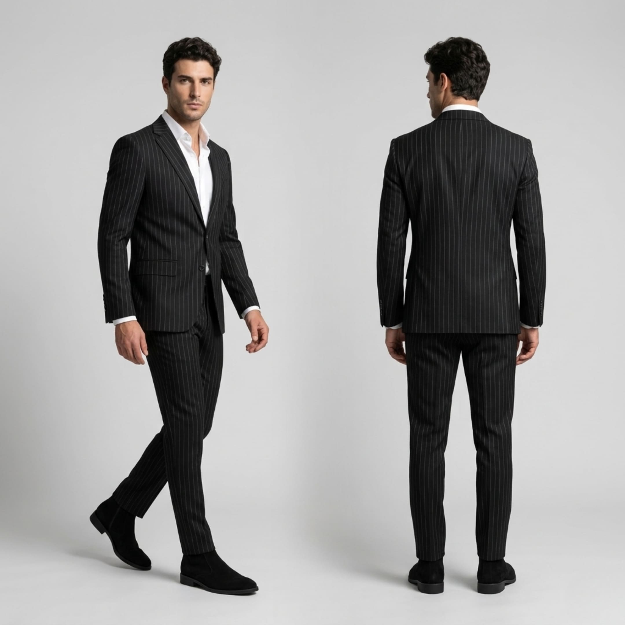 FORCIANO ECLIPSE black men's elevator boots with suede uppers shown on a male model in front and rear formal suit views.