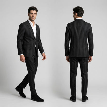 FORCIANO ECLIPSE black men's elevator boots with suede uppers shown on a male model in front and rear formal suit views.
