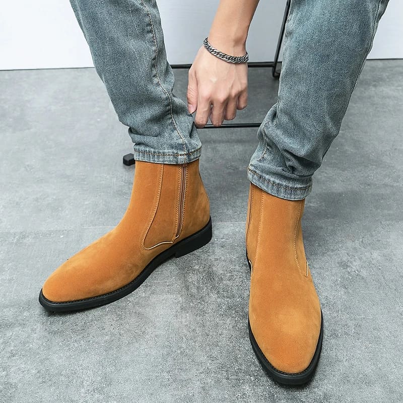 FORCIANO ECLIPSE brown suede Chelsea boots shown on foot from a front angle with gray jeans and black soles visible.