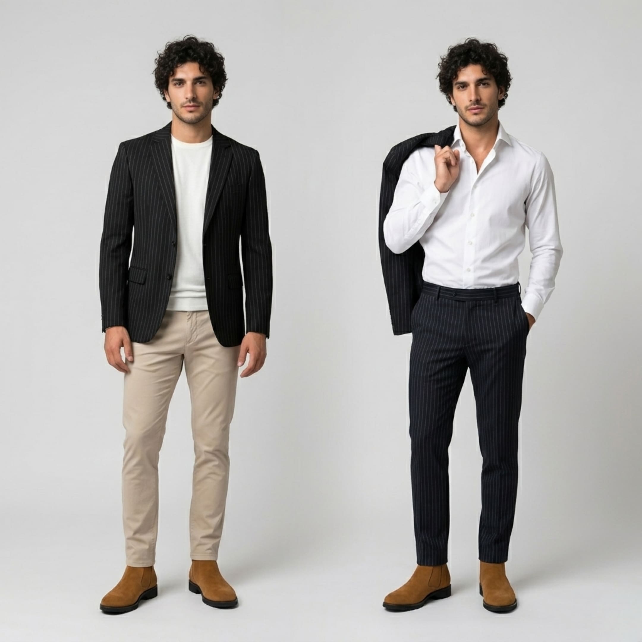 FORCIANO ECLIPSE brown suede Chelsea boots shown on a male model in two smart outfit lifestyle views.