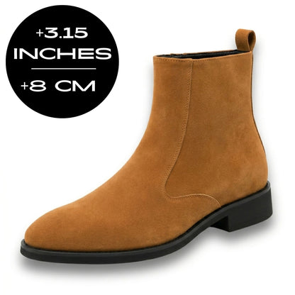 FORCIANO ECLIPSE brown elevator Chelsea boot with suede upper in front three-quarter view, showing 8 cm / 3.15 inches height increase.
