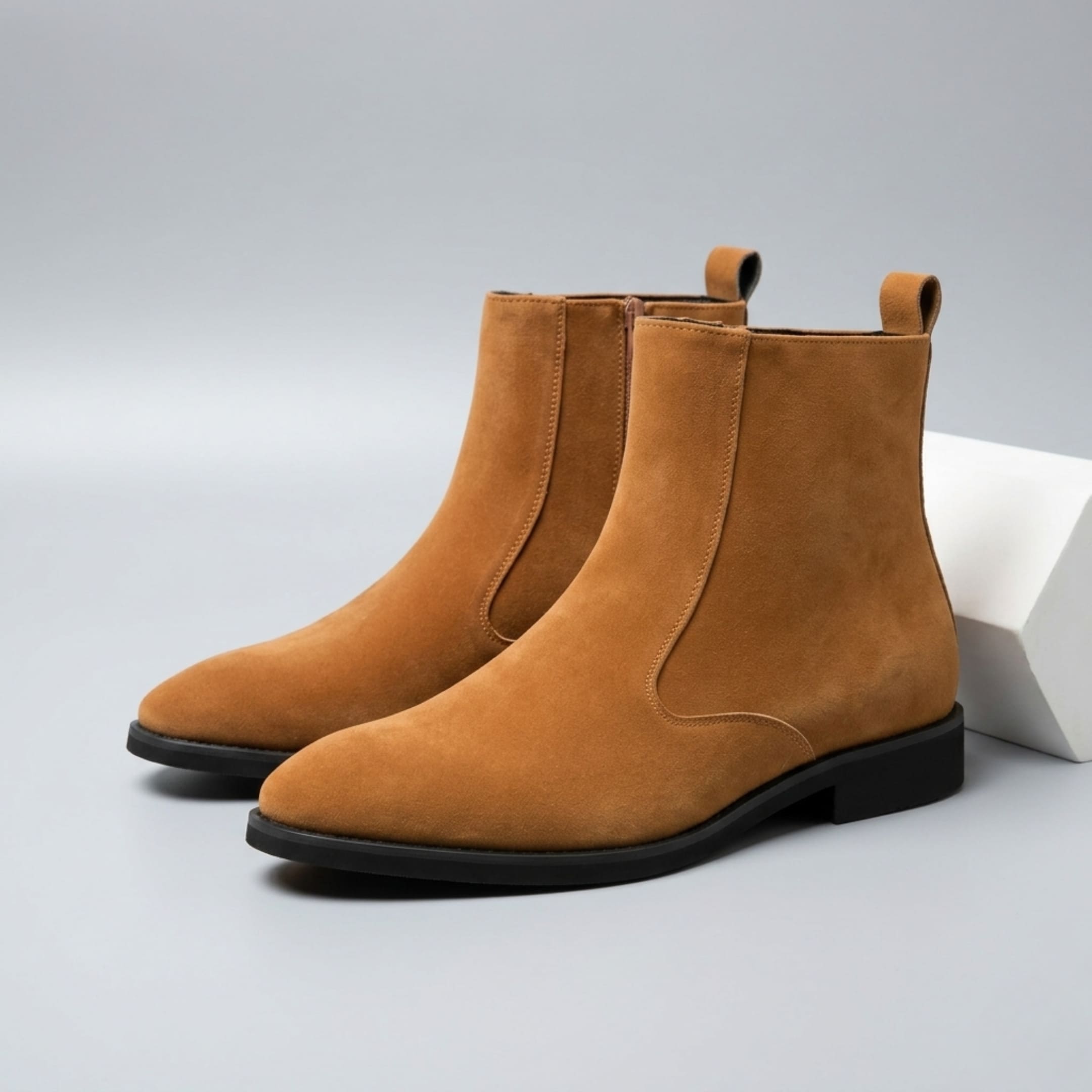 FORCIANO ECLIPSE brown elevator Chelsea boots shown as a pair in an angled studio product view with suede uppers.