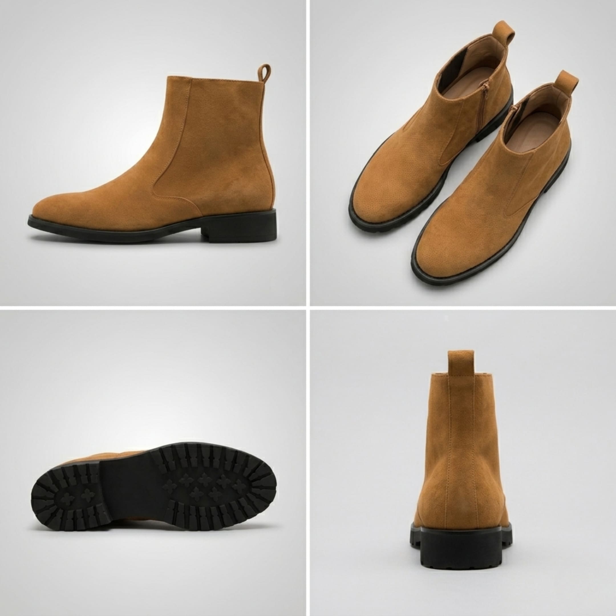 FORCIANO ECLIPSE brown height increasing boots shown in a four-view collage with side, top, outsole and rear views of the suede Chelsea boot.