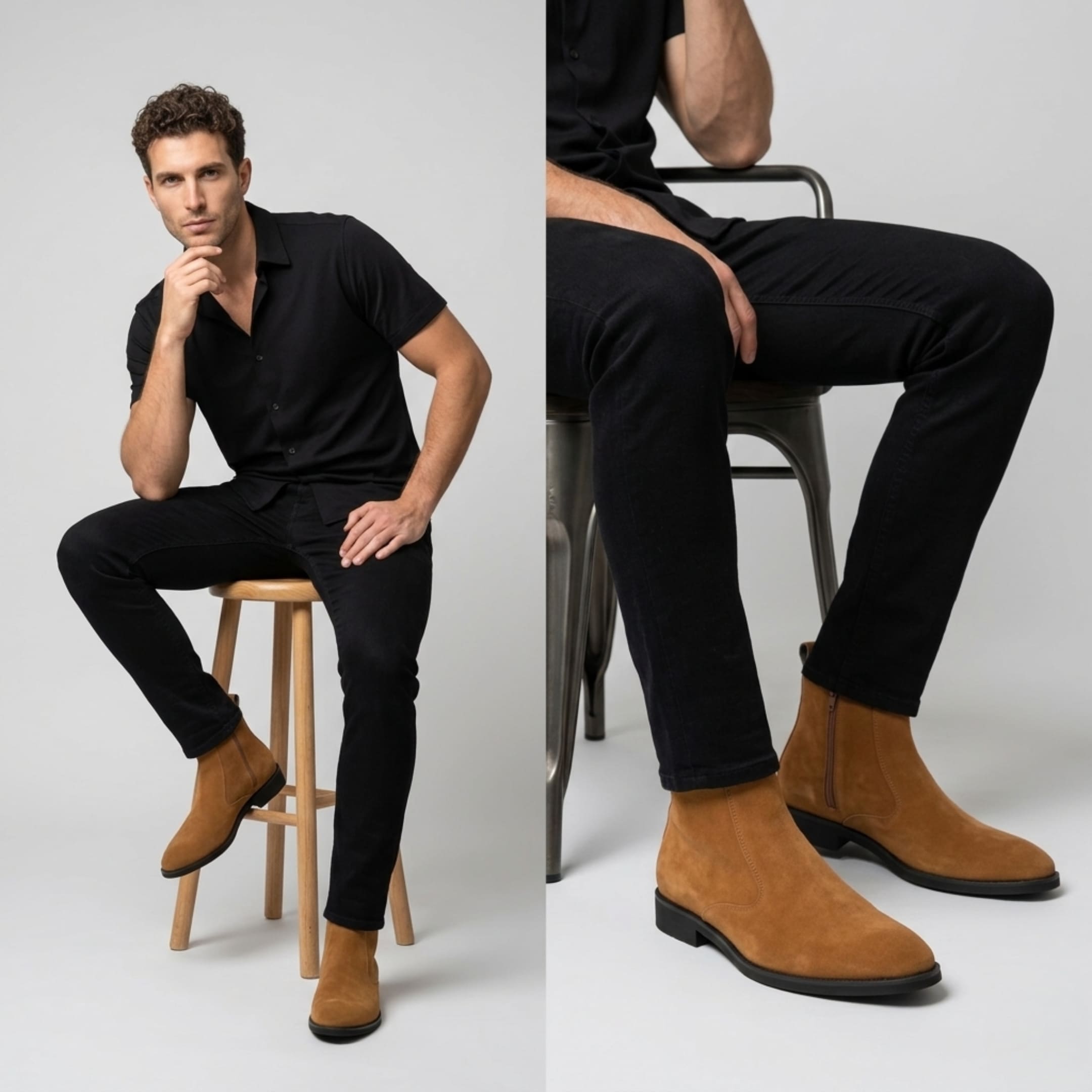 FORCIANO ECLIPSE brown men's elevator boots with suede uppers shown on a seated male model in a casual lifestyle view.
