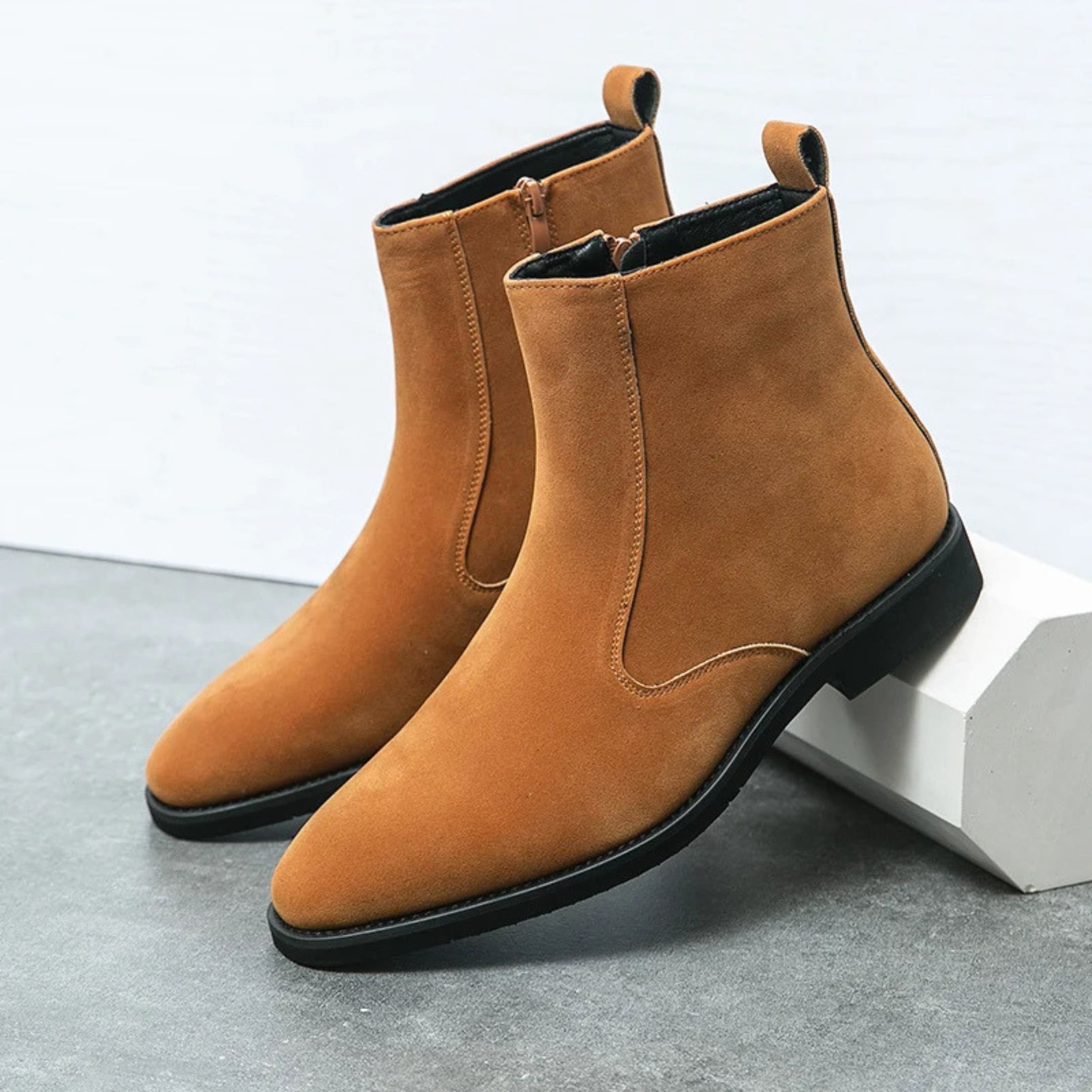 FORCIANO ECLIPSE brown suede Chelsea boots shown as a pair from a front three-quarter angle with side zippers visible.