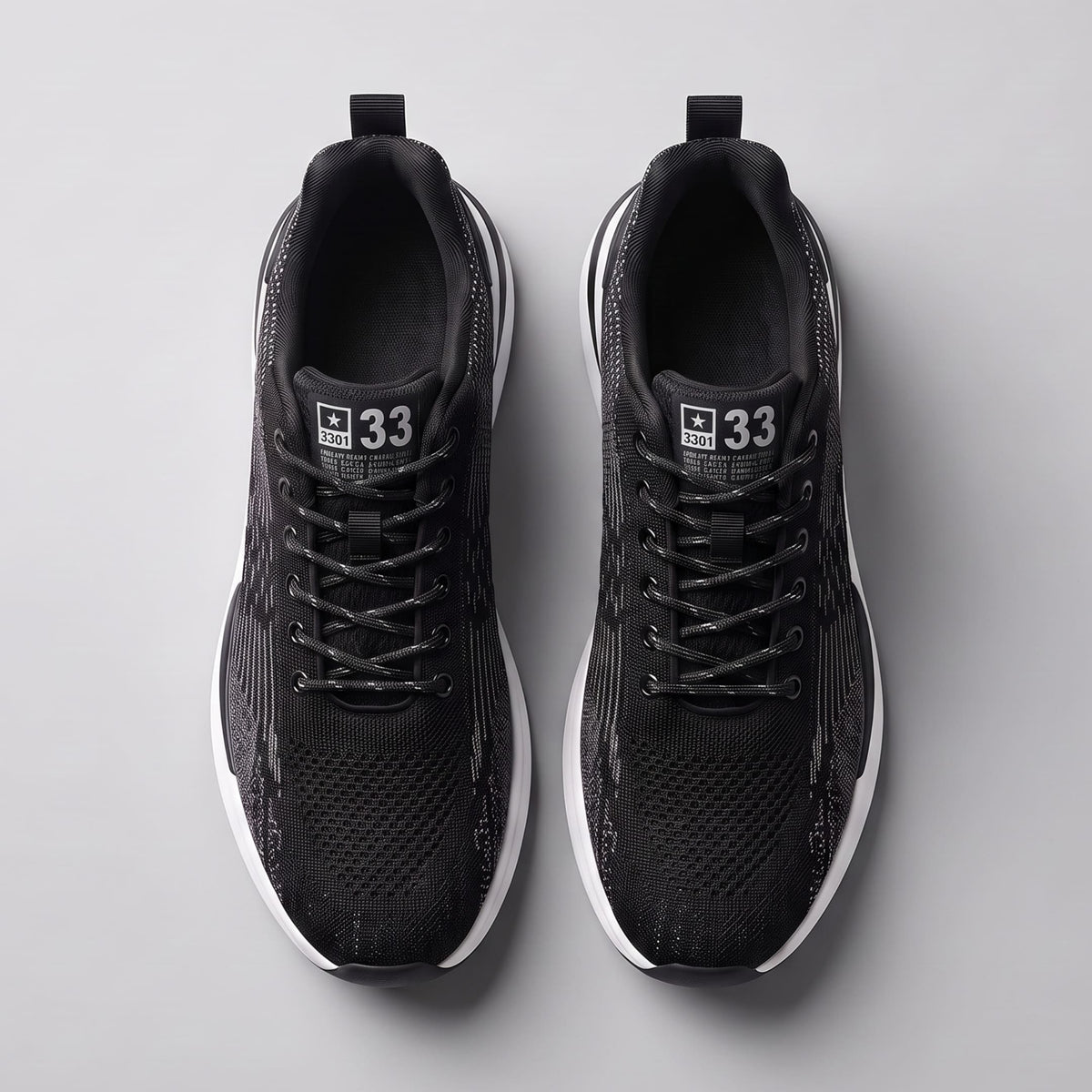 FORCIANO EDGE black Height Increasing Sneakers shown as a pair from the top with lace-up design, white soles and breathable material.