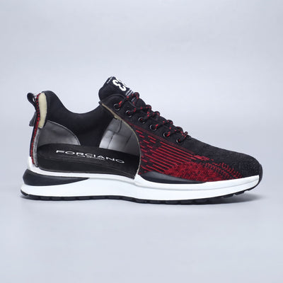 FORCIANO EDGE red and black Height Increasing Sneakers shown in a side cutaway view revealing the interior construction and breathable material.