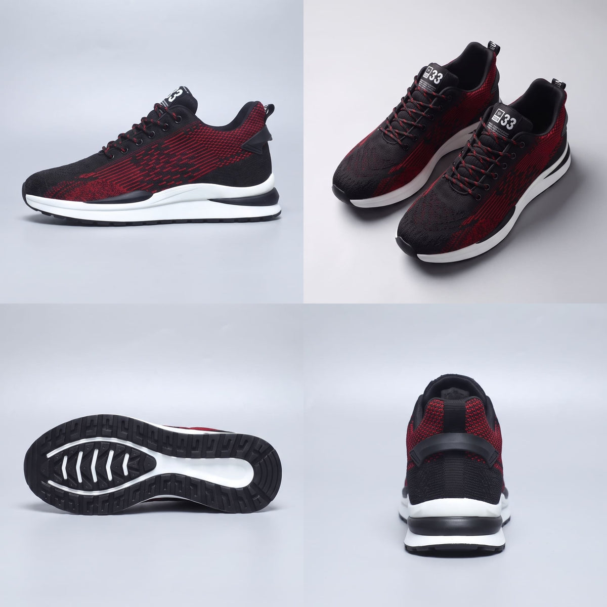 FORCIANO EDGE red and black Height Increasing Sneakers shown in a multi-view collage with side profile, pair, outsole and rear views.