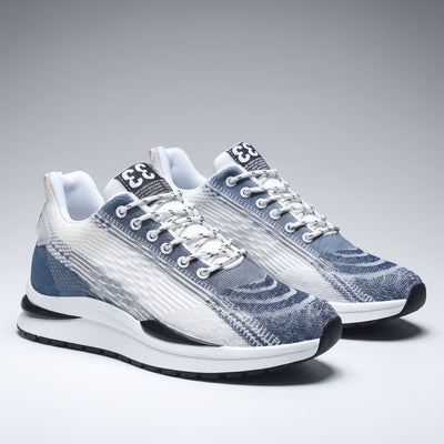 FORCIANO EDGE white and blue Height Increasing Sneakers shown as a pair from a front three-quarter angle, featuring breathable material for extended wear.