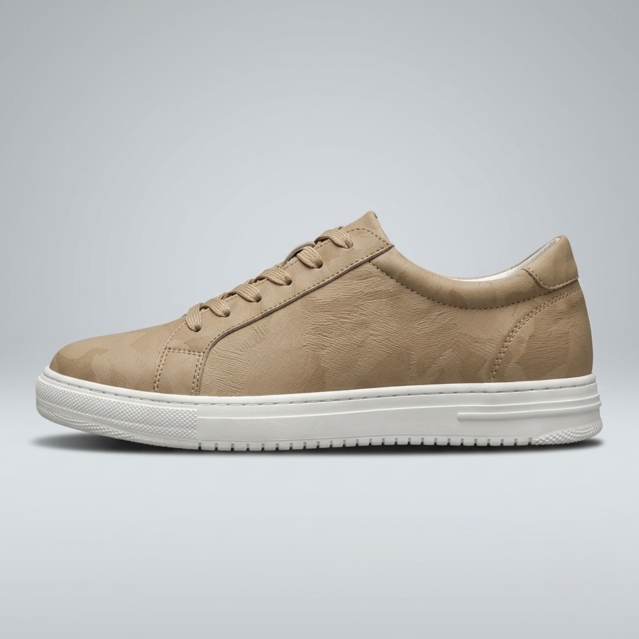 Side profile of the FORCIANO ELEMENT beige Height Increasing Sneaker with premium leather upper, tonal laces, and white sole.