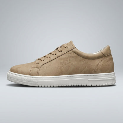 Side profile of the FORCIANO ELEMENT beige Height Increasing Sneaker with premium leather upper, tonal laces, and white sole.
