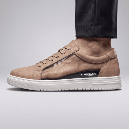 FORCIANO ELEMENT beige Height Increasing Sneakers shown in side-profile cutaway view with the internal lift and FORCIANO branding visible.