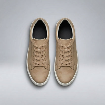 Top view of a pair of FORCIANO ELEMENT beige Height Increasing Sneakers with premium leather uppers, matching laces, white soles, and dark insoles.