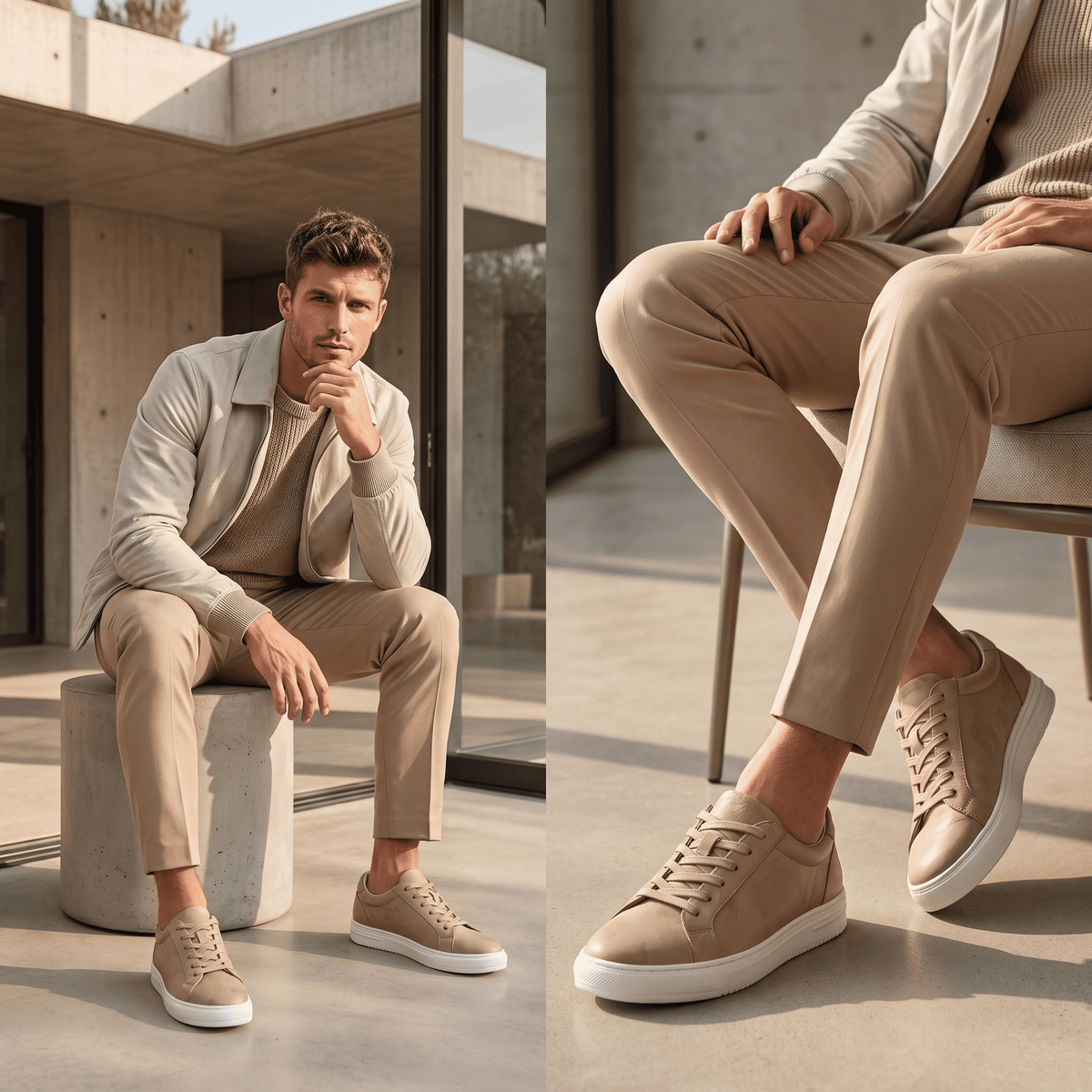 FORCIANO ELEMENT beige Height Increasing Sneakers worn by a seated male model in two casual lifestyle views.