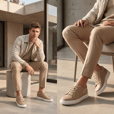 FORCIANO ELEMENT beige Height Increasing Sneakers worn by a seated male model in two casual lifestyle views.