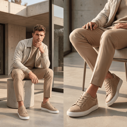 FORCIANO ELEMENT beige Height Increasing Sneakers worn by a seated male model in two casual lifestyle views.