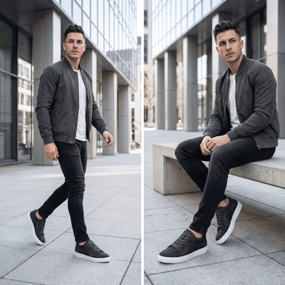 FORCIANO ELEMENT black Height Increasing Sneakers worn by a male model in walking and seated casual lifestyle views.
