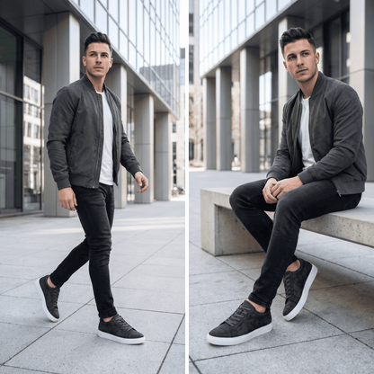 FORCIANO ELEMENT black Height Increasing Sneakers worn by a male model in walking and seated casual lifestyle views.