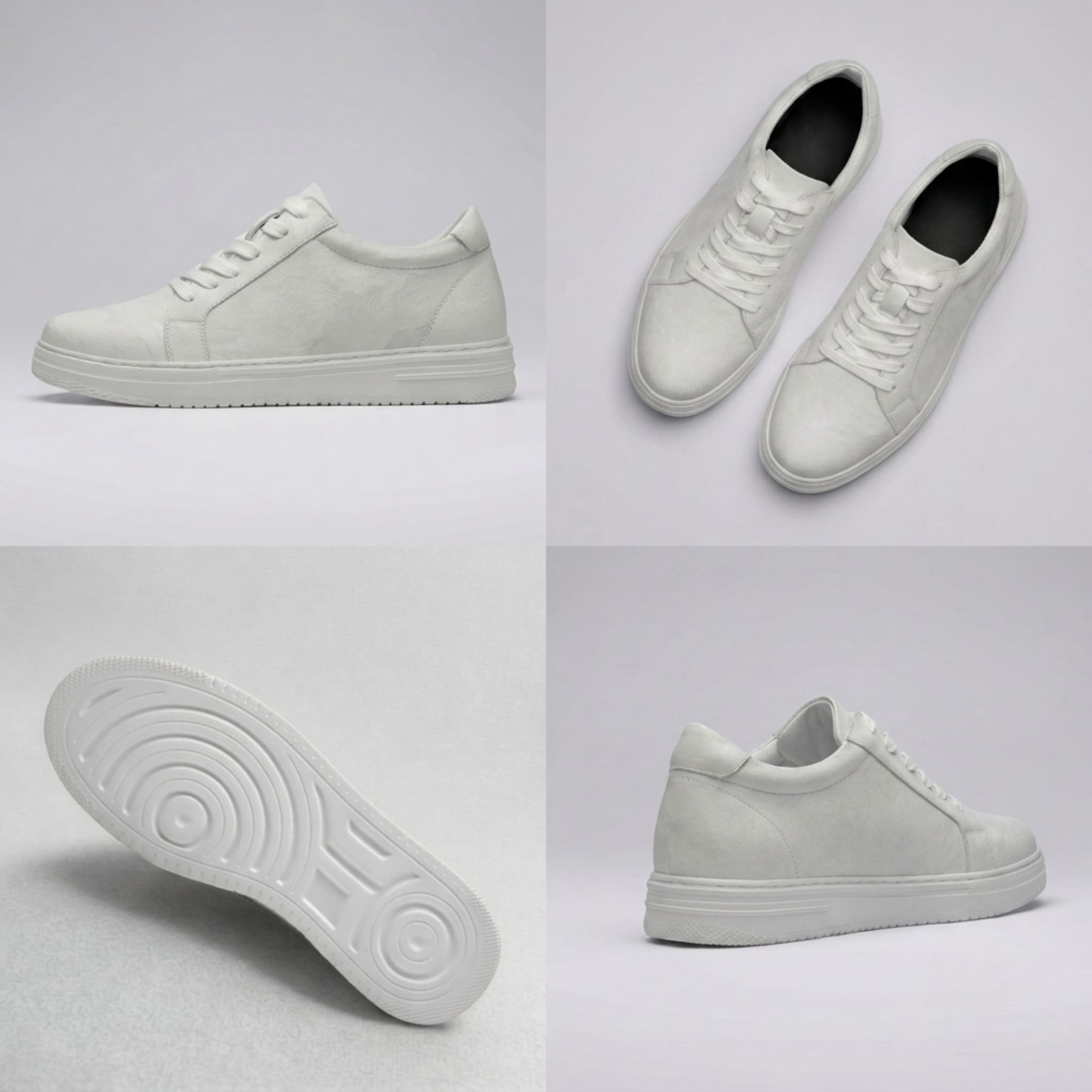 FORCIANO ELEMENT Height Increasing Sneakers in white shown in a multi-view collage with side profile, angled top view, outsole view, and rear three-quarter view, featuring a premium leather upper.