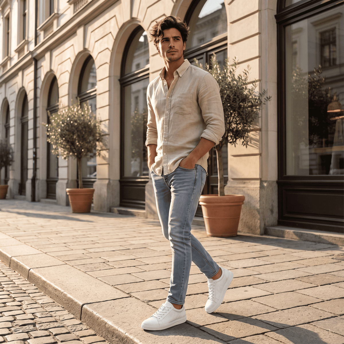 FORCIANO ELEMENT white Height Increasing Sneakers worn by a male model walking outdoors in a casual lifestyle setting.