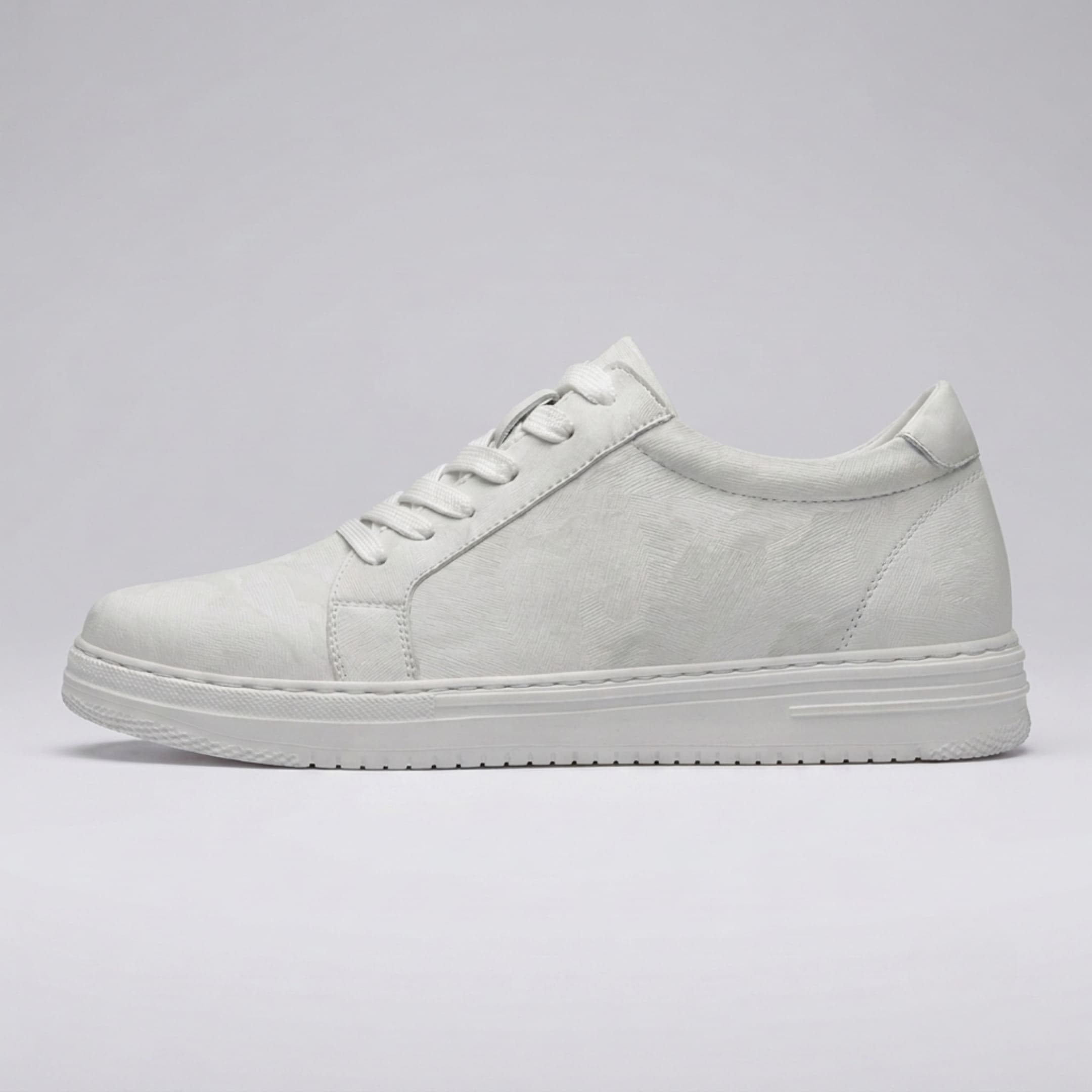 FORCIANO ELEMENT white premium leather Height increasing sneaker shown in a clean side profile with tonal laces, stitched panels, and matching white sole.