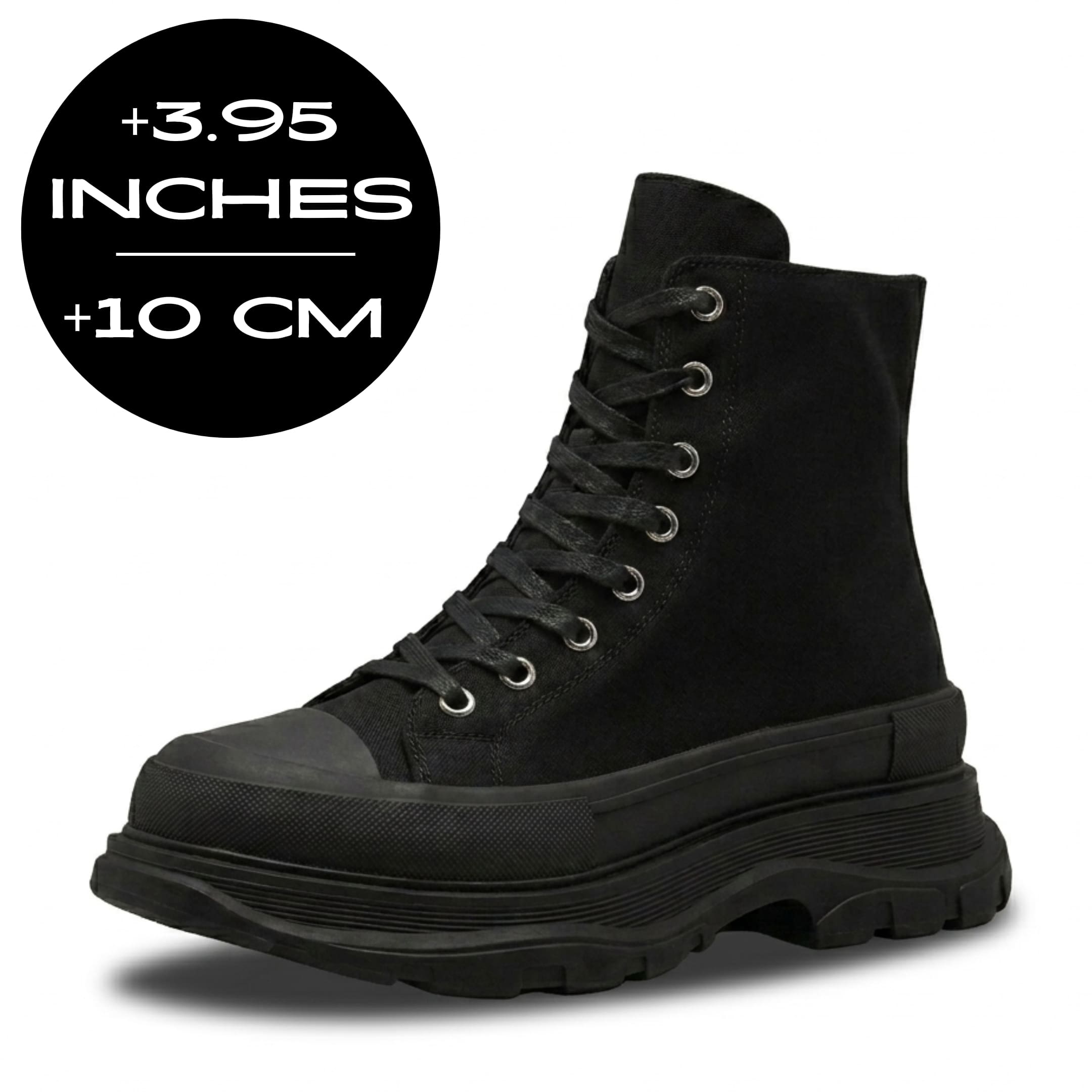 FORCIANO ELEVATOR black height increasing sneaker with thick cushioned high-top construction shown with a 10 cm / 3.95" height graphic.