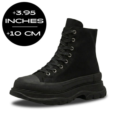 FORCIANO ELEVATOR black height increasing sneaker with thick cushioned high-top construction shown with a 10 cm / 3.95" height graphic.