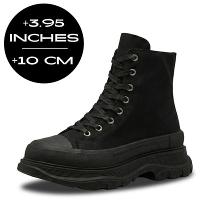 FORCIANO ELEVATOR black height increasing sneaker with thick cushioned high-top construction shown with a 10 cm / 3.95" height graphic.