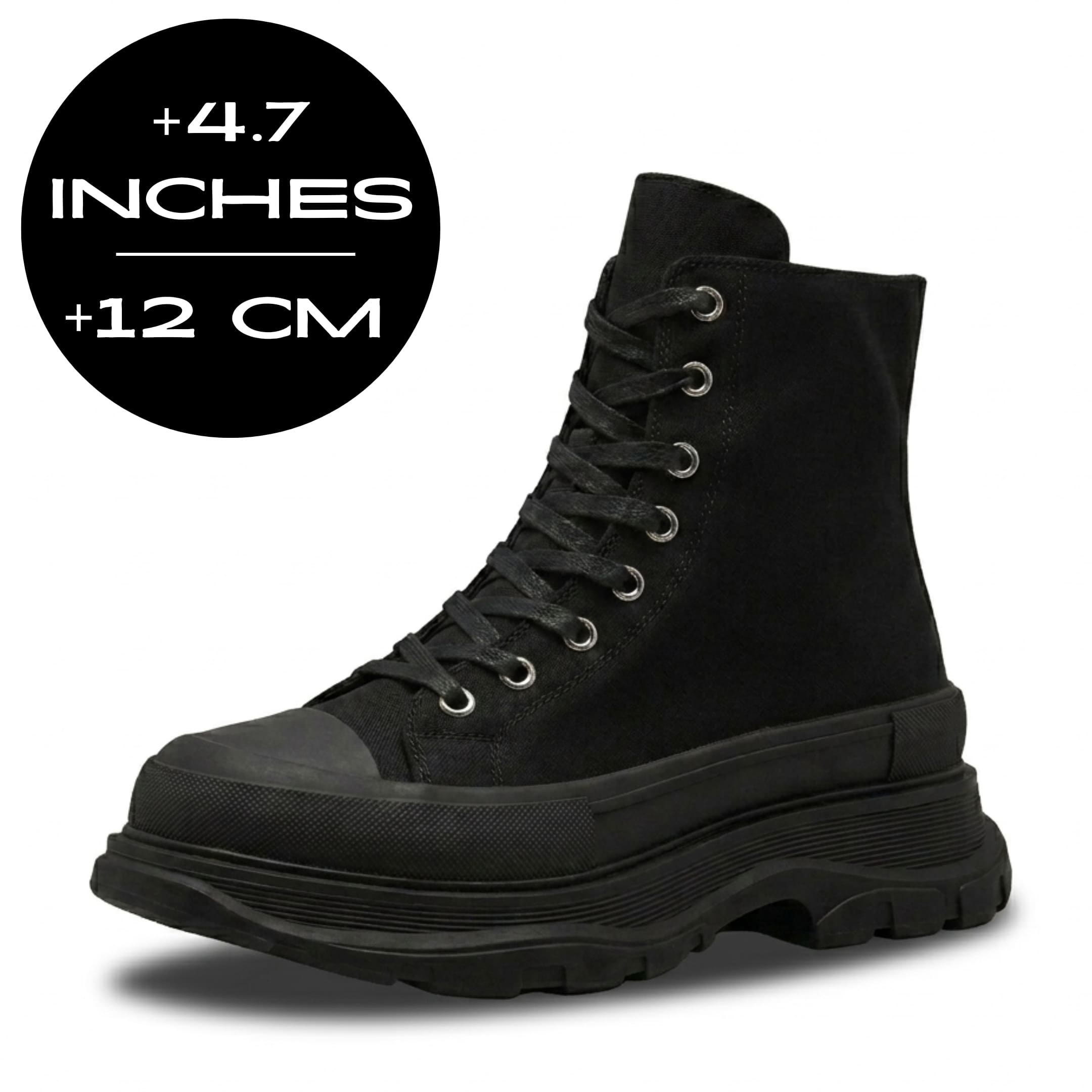 FORCIANO ELEVATOR black height increasing sneaker with thick cushioned sole shown with the maximum 12 cm / 4.7" height graphic.