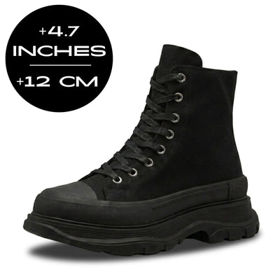 FORCIANO ELEVATOR black height increasing sneaker with thick cushioned sole shown with the maximum 12 cm / 4.7" height graphic.