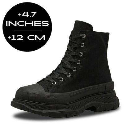 FORCIANO ELEVATOR black height increasing sneaker with thick cushioned sole shown with the maximum 12 cm / 4.7" height graphic.